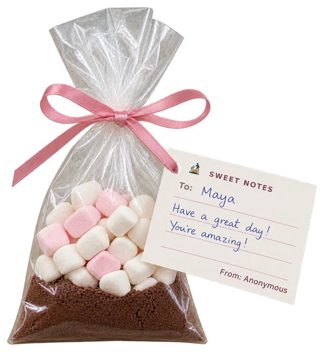 A clear bag of hot chocolate powder with mini marshmallows on top, tied with pink ribbon, with a Sweet Notes note tied on
