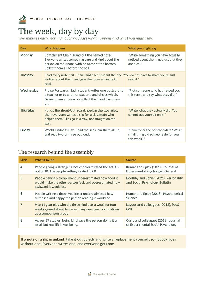 Page two of the pack, the week day by day