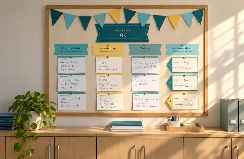 A form board for 10K with Proud of this, Coming up, Notices and Ask me about cards pinned under bunting