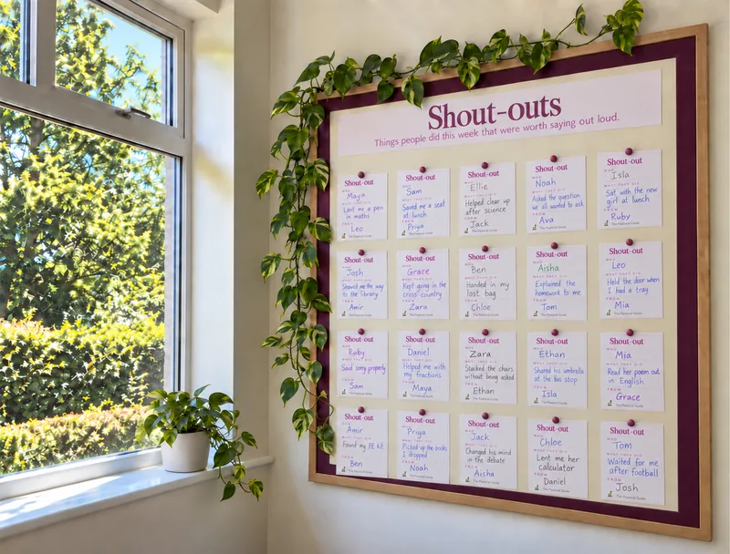 A shout-out board by a classroom window, with twenty filled-in slips
