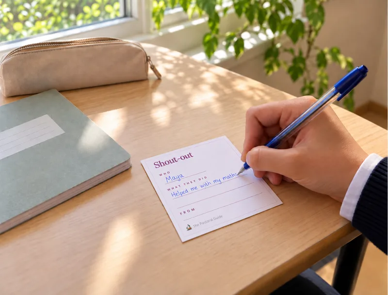 A student filling in a shout-out slip at their desk