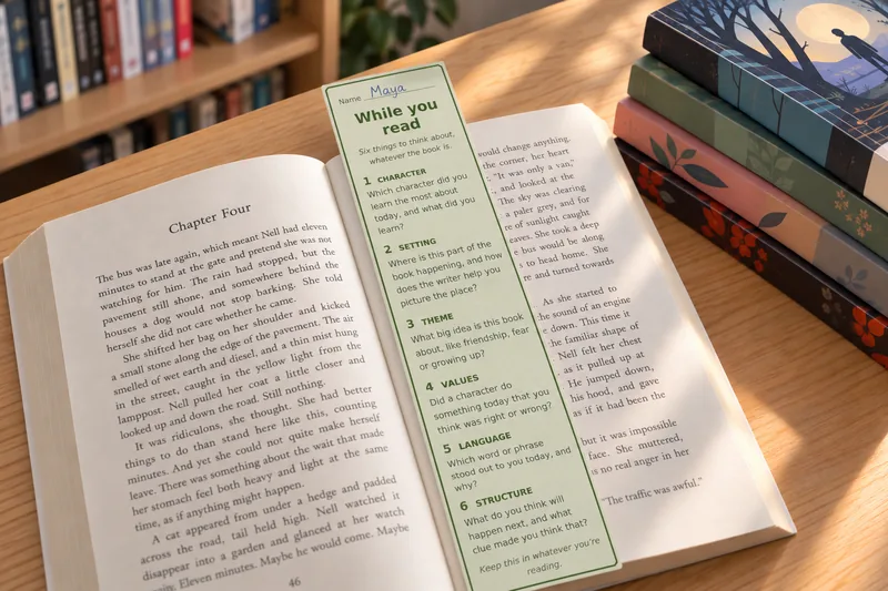 A Between the Pages bookmark with a student’s name on it, lying on an open novel on a classroom desk
