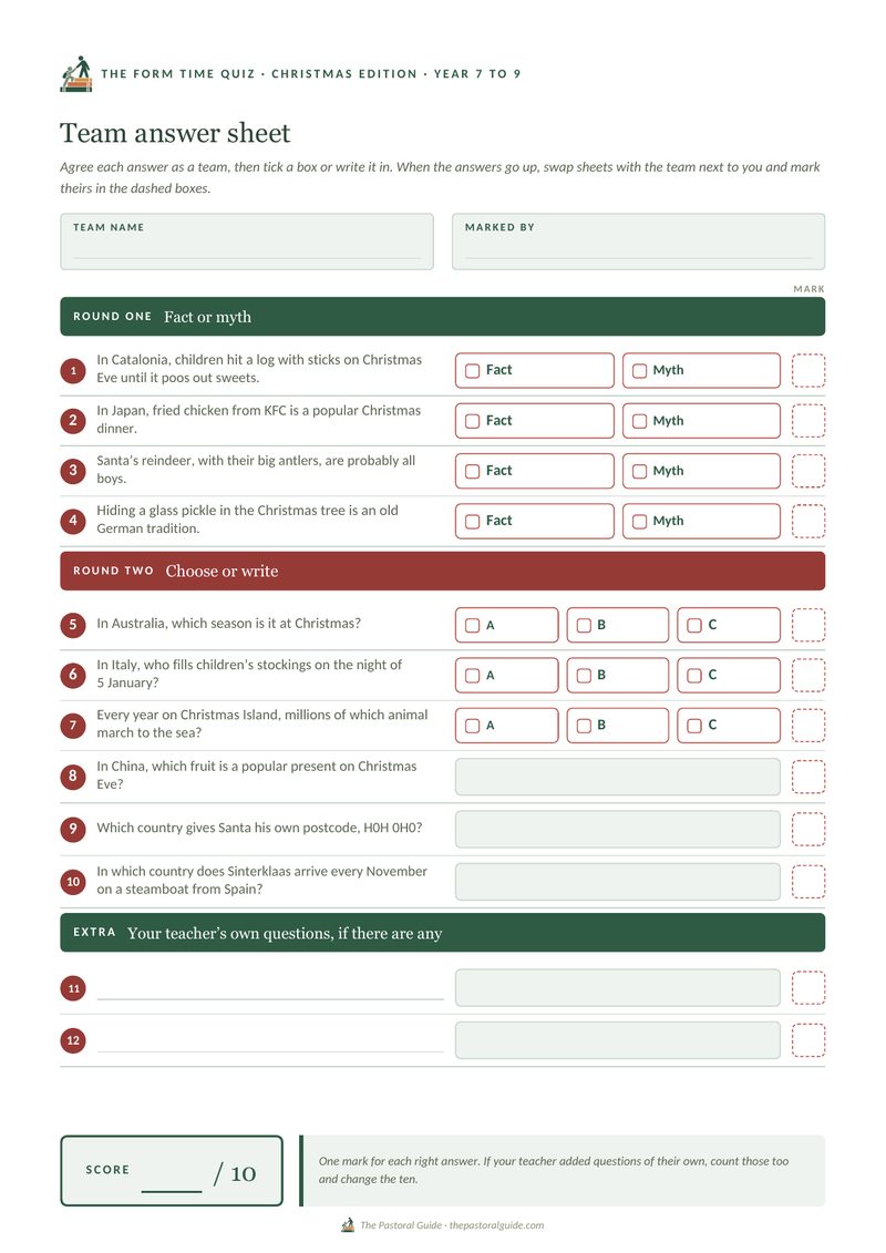 A team answer sheet
