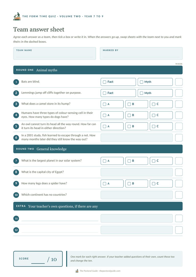 A team answer sheet