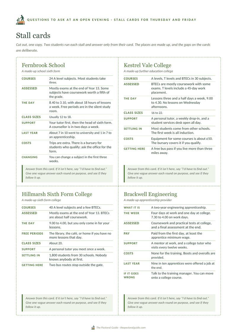 The stall cards for Year 10 and 11