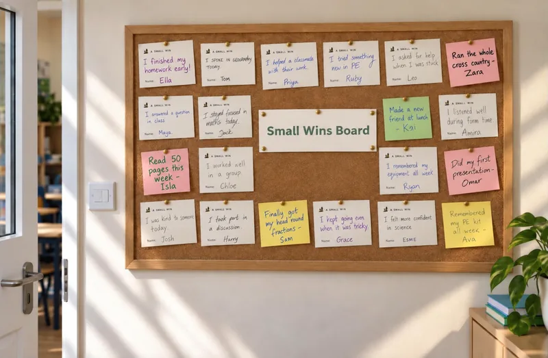 A cork board by a classroom door covered in Small Win cards and Post-its around a Small Wins Board header