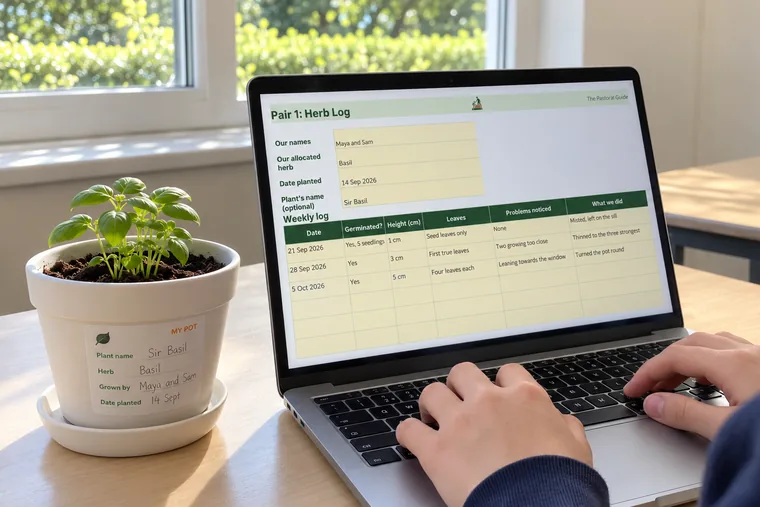 A student filling in the herb log tracker on a laptop, next to their basil pot