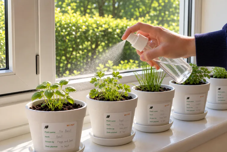 A student misting basil and parsley seedlings with a small spray bottle