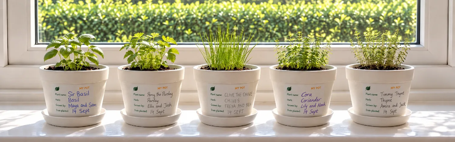 Five white pots of young herbs on a classroom windowsill, each with a MY POT label filled in by the pair who grew it
